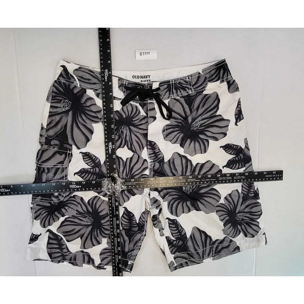 Old Navy Men's Floral Swim Trunks Board‎ Shorts Black White Hibiscus Size M